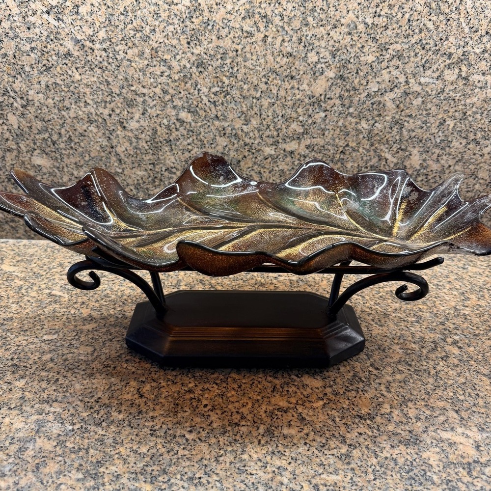 Brown Art Glass Leaf Sculpture Bowl Unmarked Centerpiece With Stand China Decor